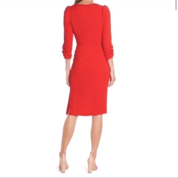 eliza J Red 3/4 Sleeve V-Neck Midi Dress Sz 4 - Picture 2 of 11